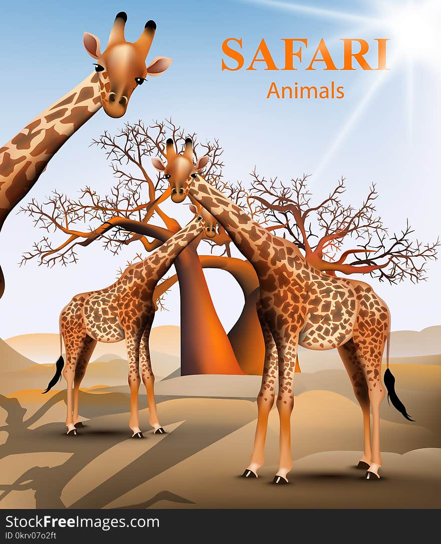 Giraffe and baobab tree safari background Vector. Animals wildlife illustrations