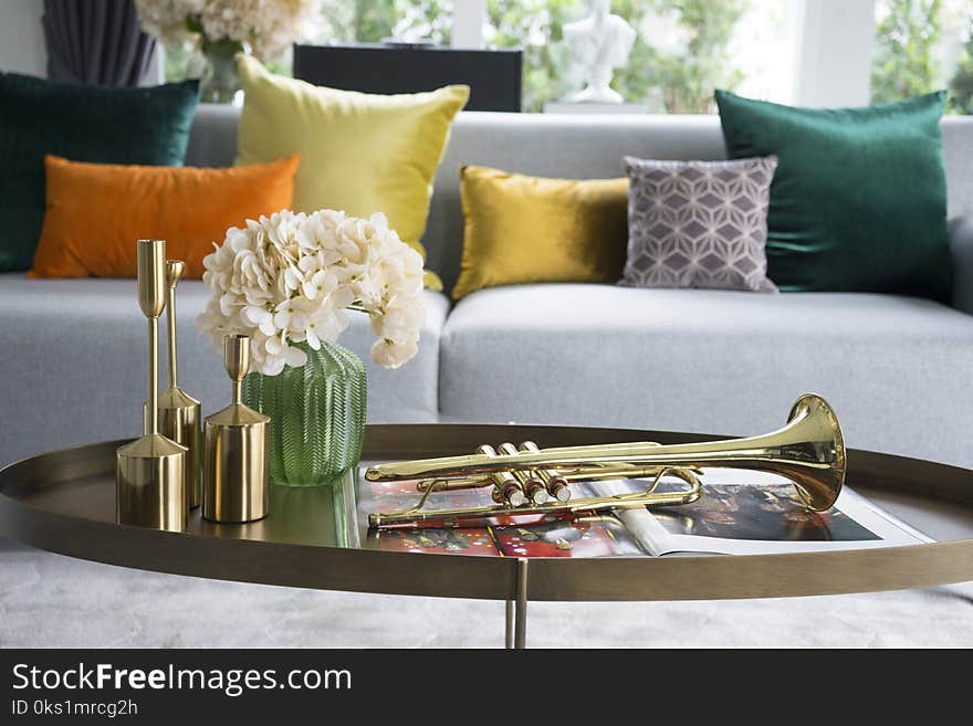 Colorful and stylish living room with flower vase and gold trumpet on table.