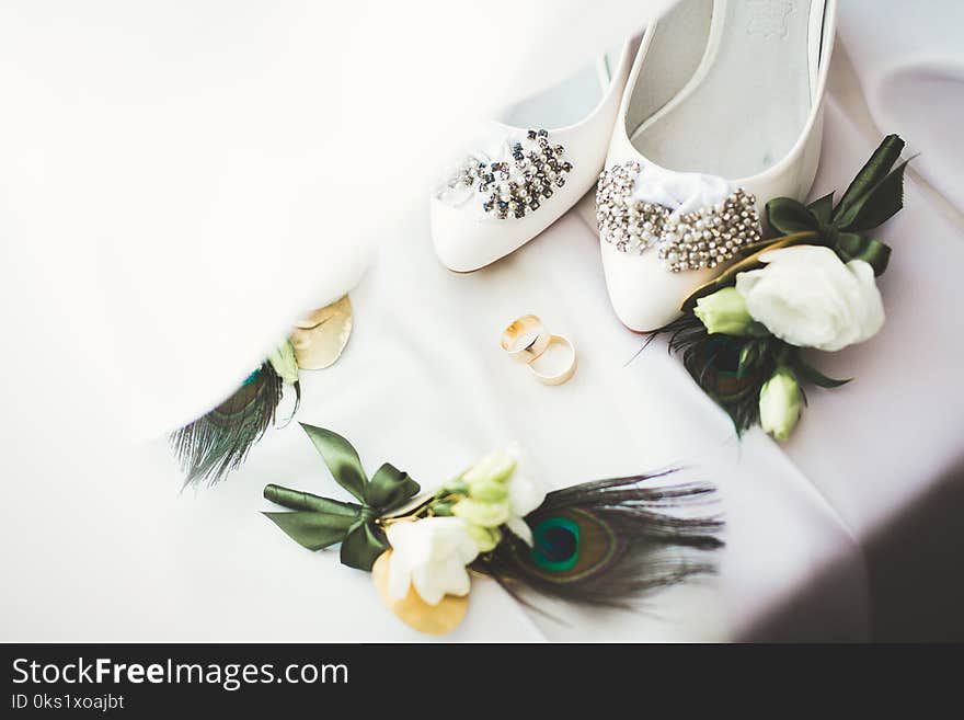 White stylish wedding shoes for bride. Close-up