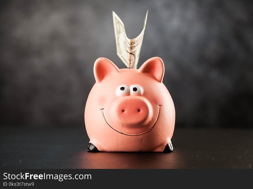 Piggy bank on black background closeup