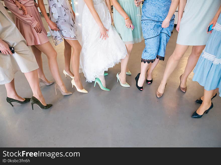 Girls in dresses party show feet selfie