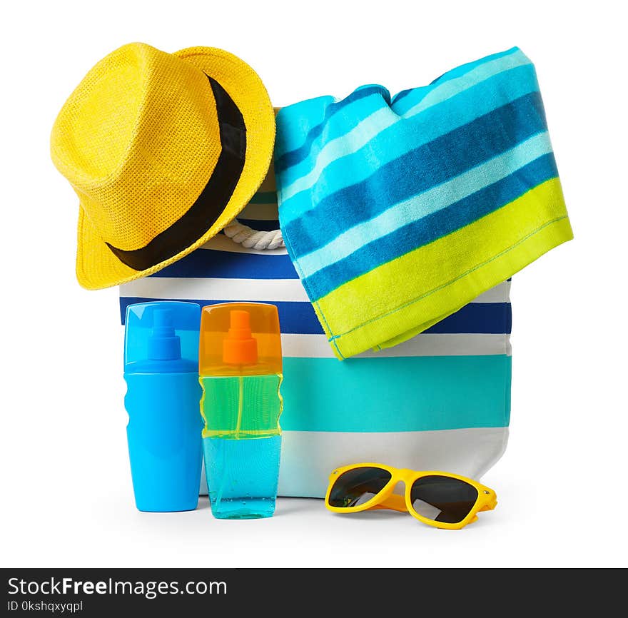 Composition with beach objects on white background