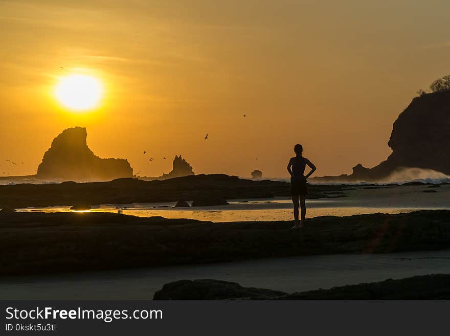 Silhouette of a woman is looking into the sunset at the beach. With reflections and birds in the sky.