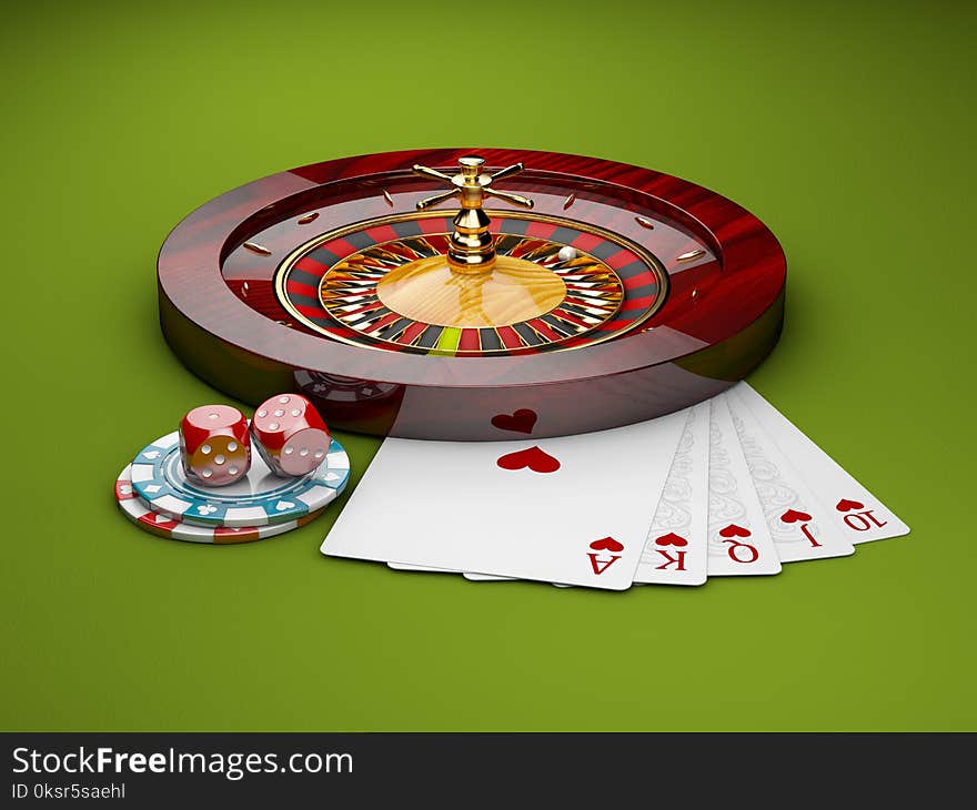 3d Illustration Of Casino Roulette With Dice, Poker Chips And Play Cards, Green Background