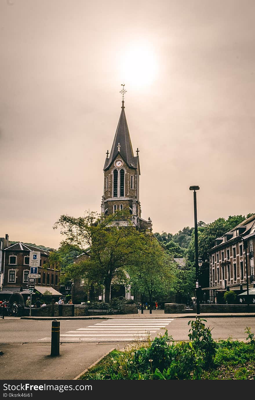 Brown and Green Church Near Tree Under White Skies