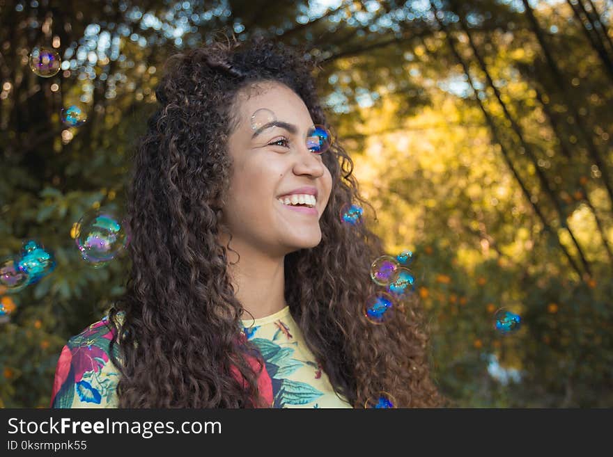 Woman Wearing Floral Crew-neck Shirt