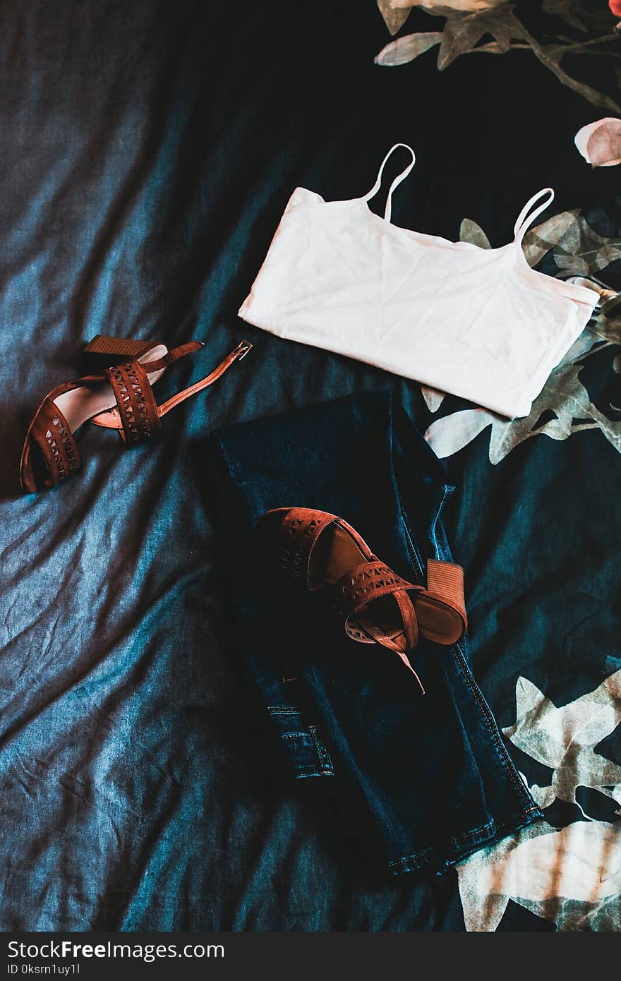 Women&#x27;s White Spaghetti-strap Top and Brown Pumps