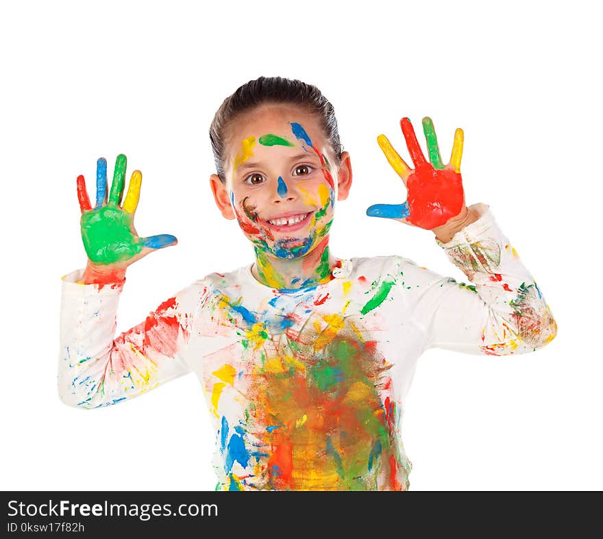 Funny girl with hands and face full of paint isolated on a white background