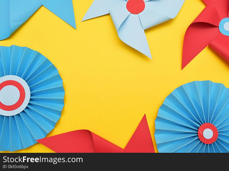 Paper Decorative Vane Colorful Background. Circus, Childhood, Festival, Party, Fun, joy, Happines. YellowBackground.