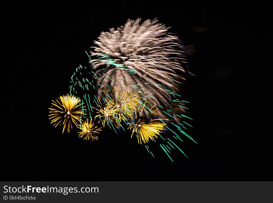 Evening fireworks in honor of a holiday the Victory Day in the night sky in Moscow city by military forces