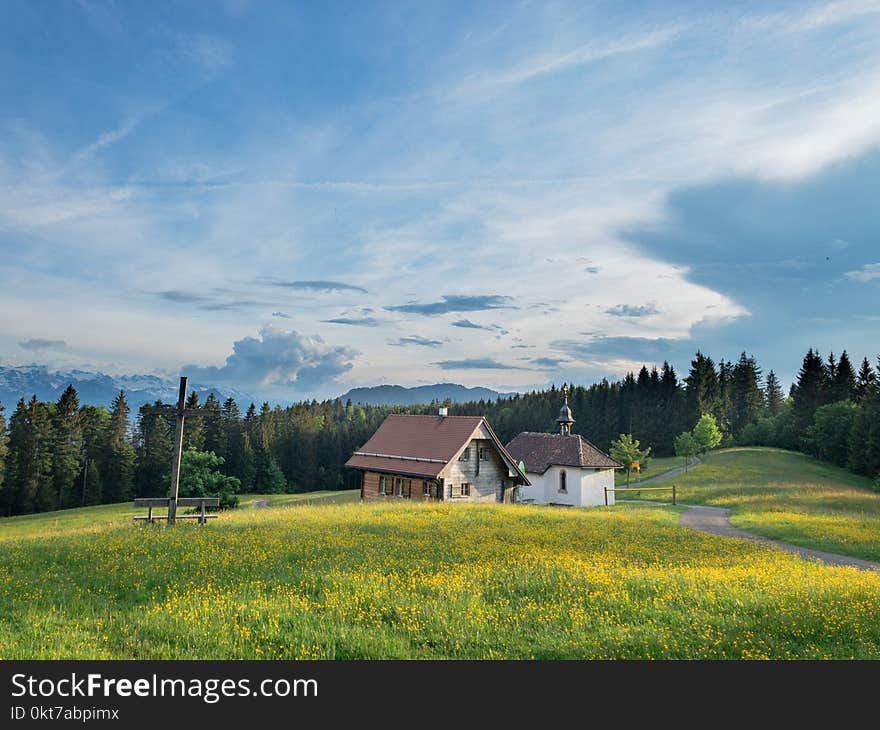 White and Brown House on a Green Field Under Blue Sky