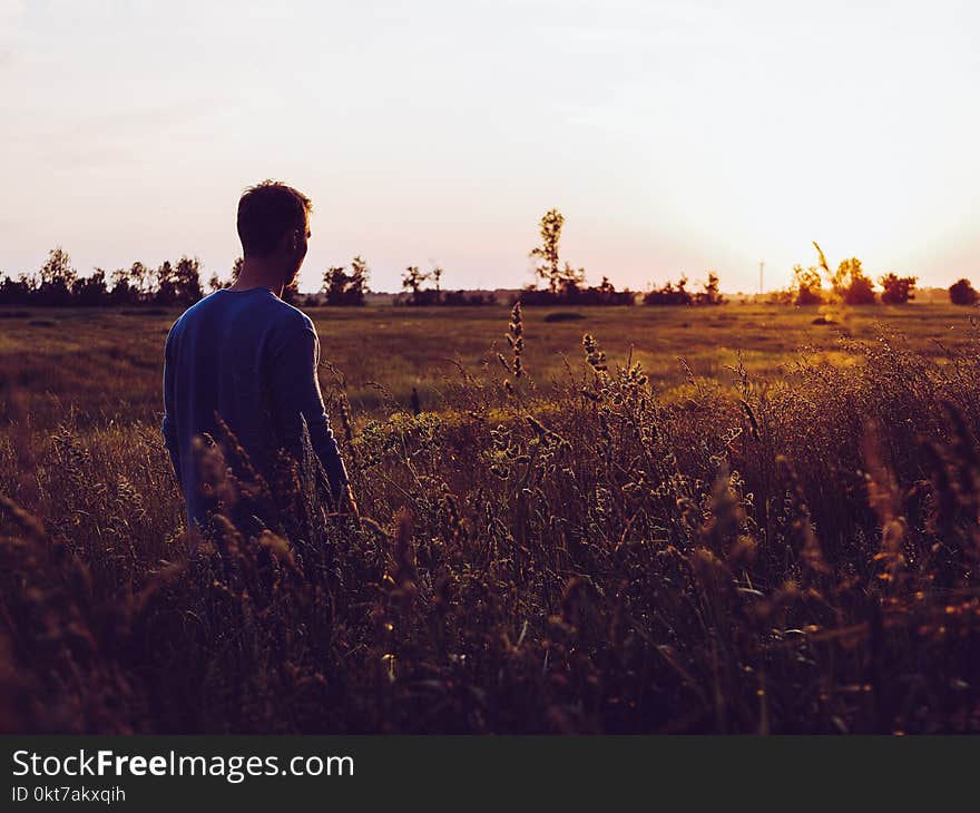 Man in Blue Sweatshirt in the Middle of Field during Sunset