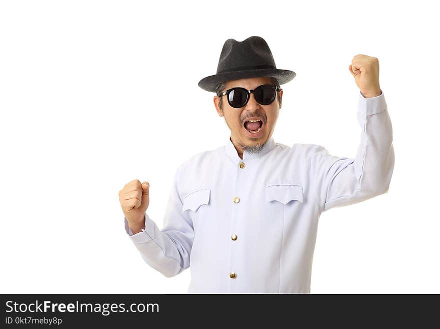 The Asian man standing on the white background with Thai classic dressed.