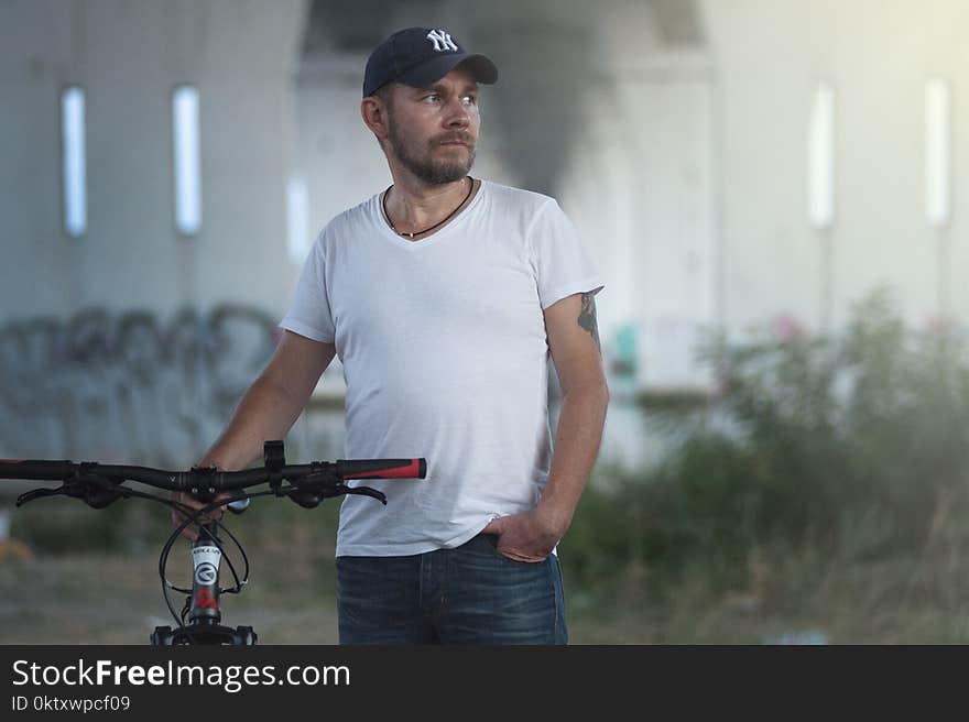 Man Wearing White V-neck T-shirt