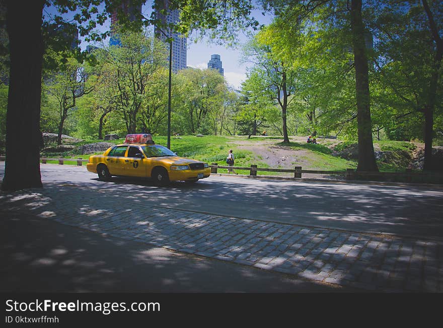 Yellow Ford Crown Victoria on Gray Concrete Pathway