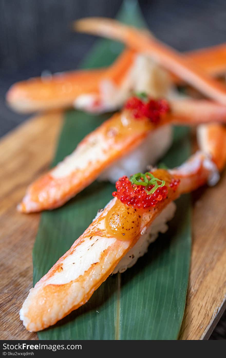 A King Crab Sushi on plate from Japan.