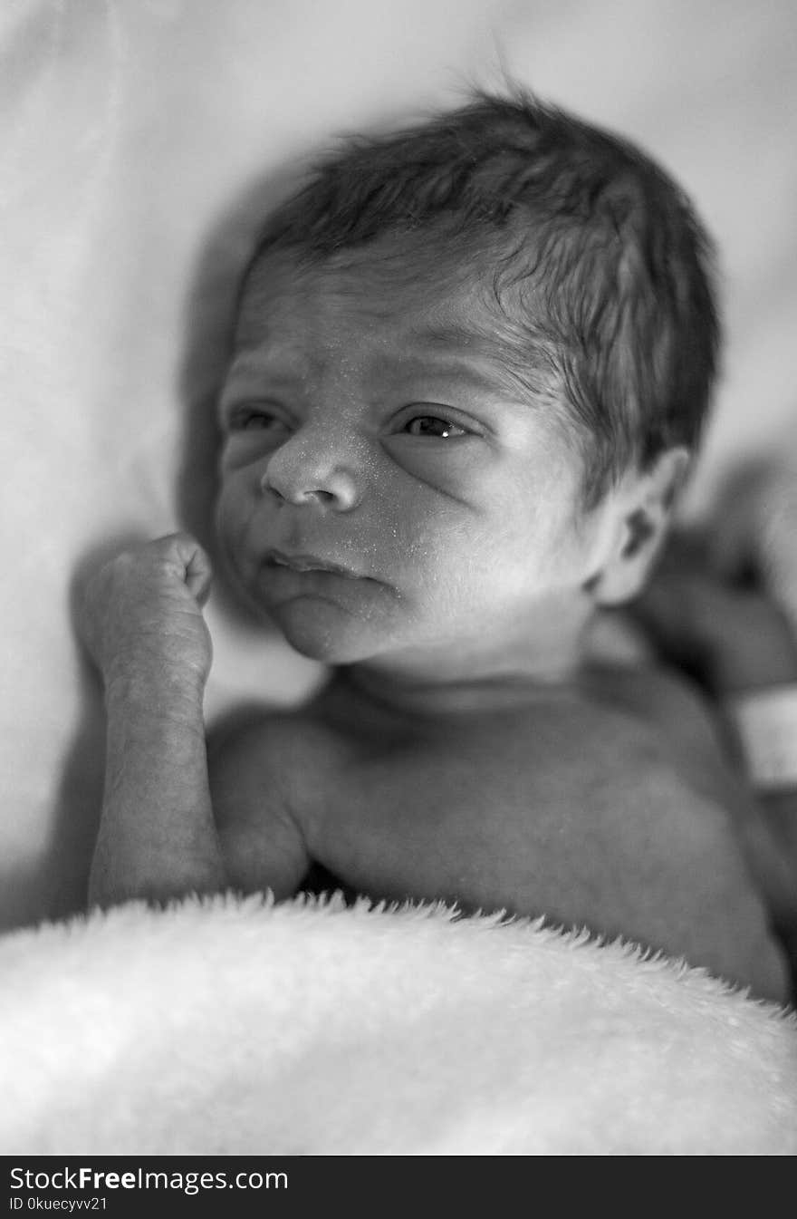 Grayscale Photo of Newborn Baby