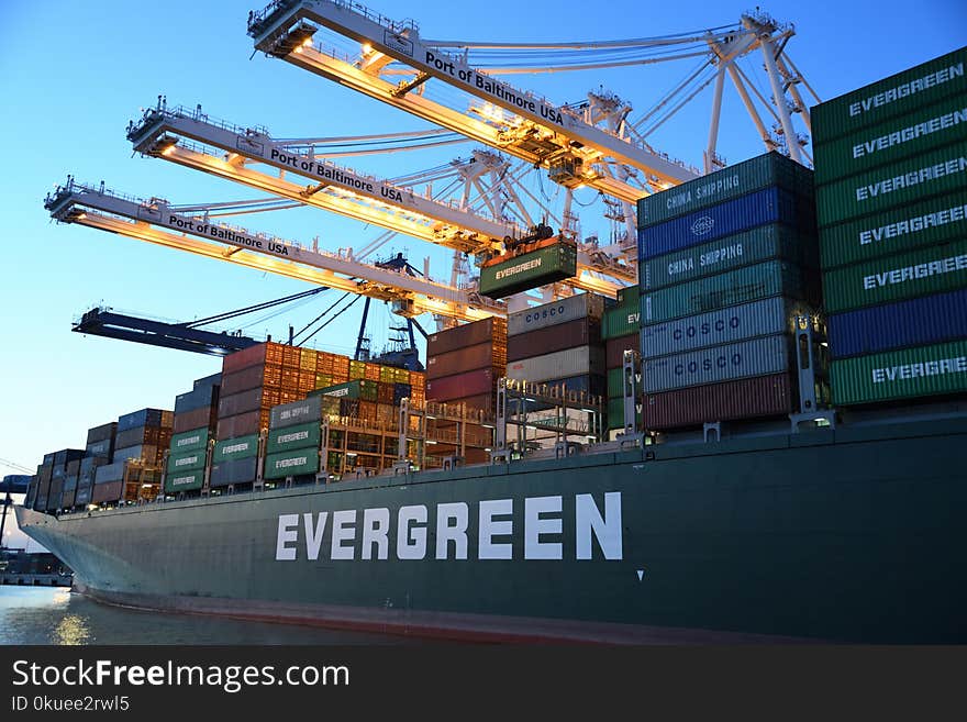 Green and Gray Evergreen Cargo Ship