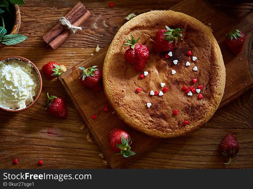 Delicious Cake With Fresh Organic Strawberries And Kitchen Utensils, Top View, Close-up, Selctive Focus.