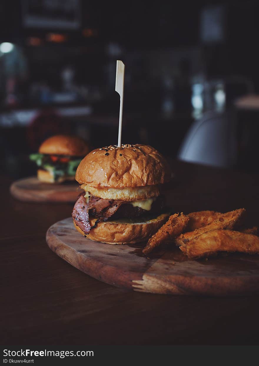 Burger on Brown Wooden Tray