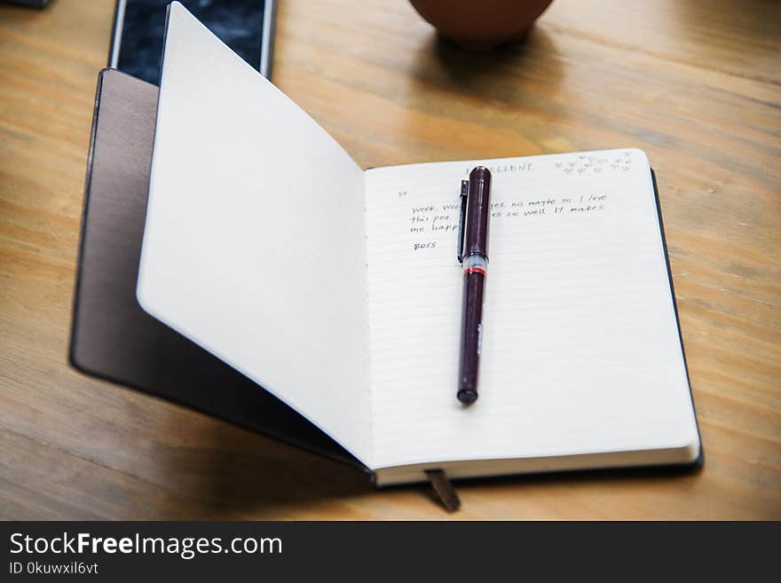 Black and Blue Plastic Pen Non Top of Black Covered Notebook