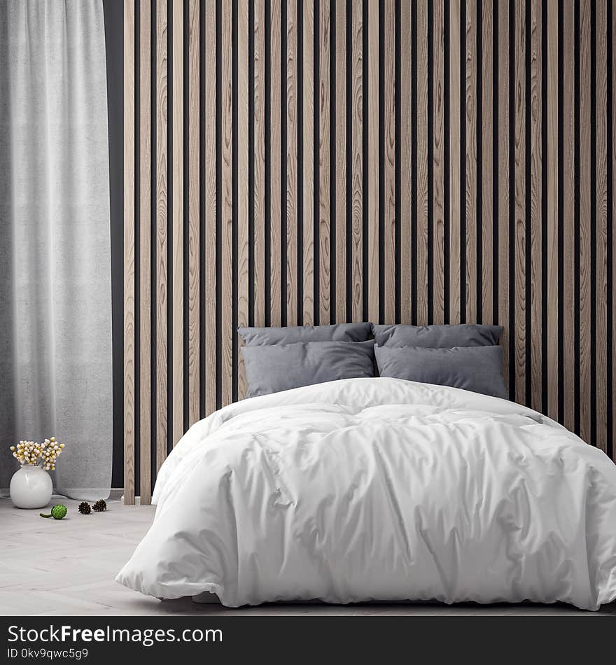 Mock up poster in bedroom interior background with wood wall planks, 3D illustration