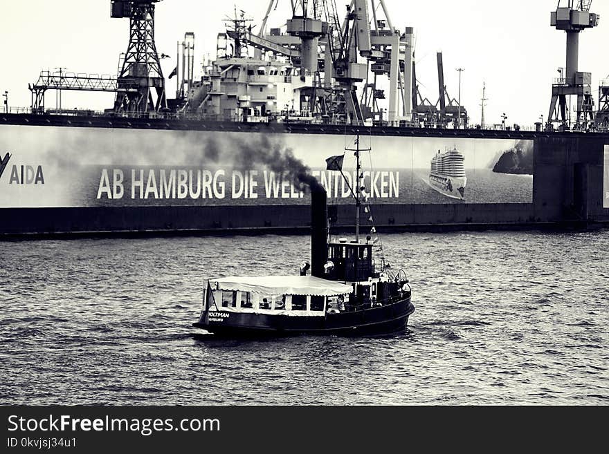 Water Transportation, Ship, Black And White, Tugboat