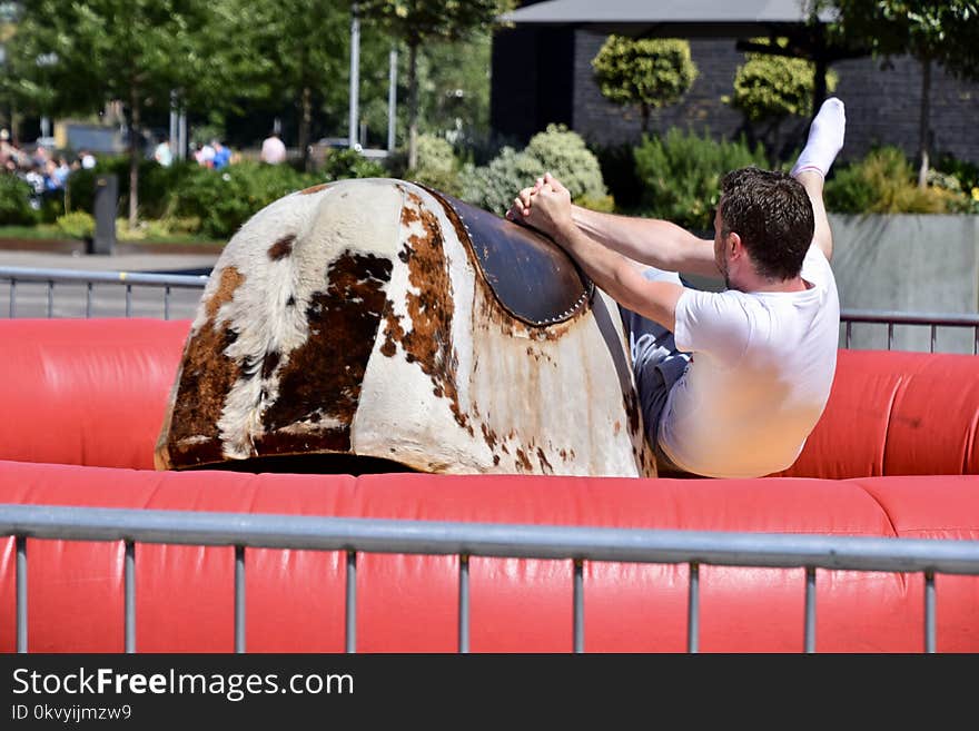 Man Riding Brown and White Electronic Bull