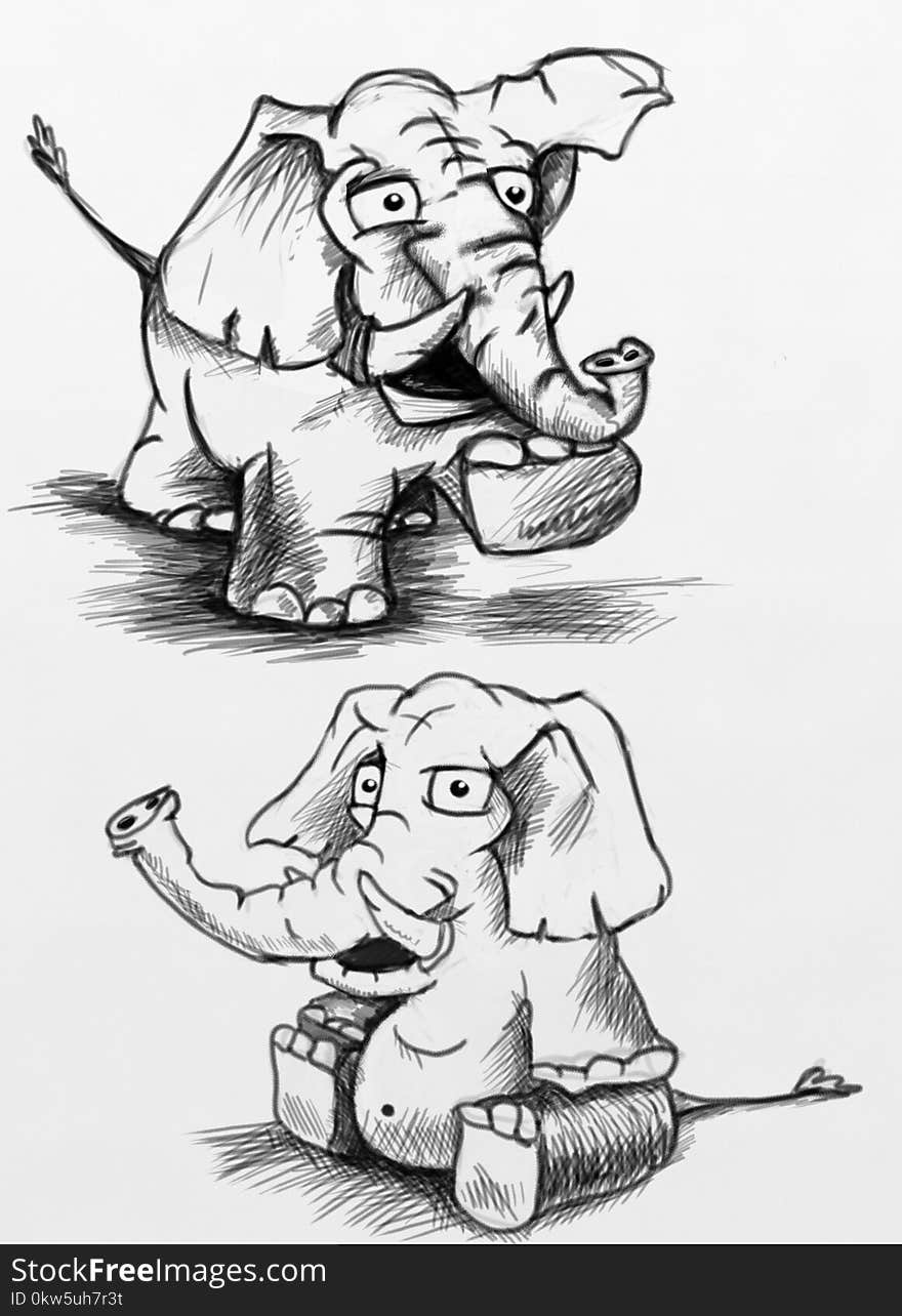 Elephants And Mammoths, Cartoon, Black And White, Elephant