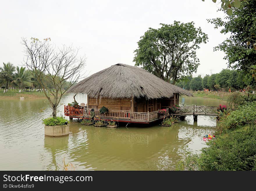 Hut, Water, Wetland, Thatching