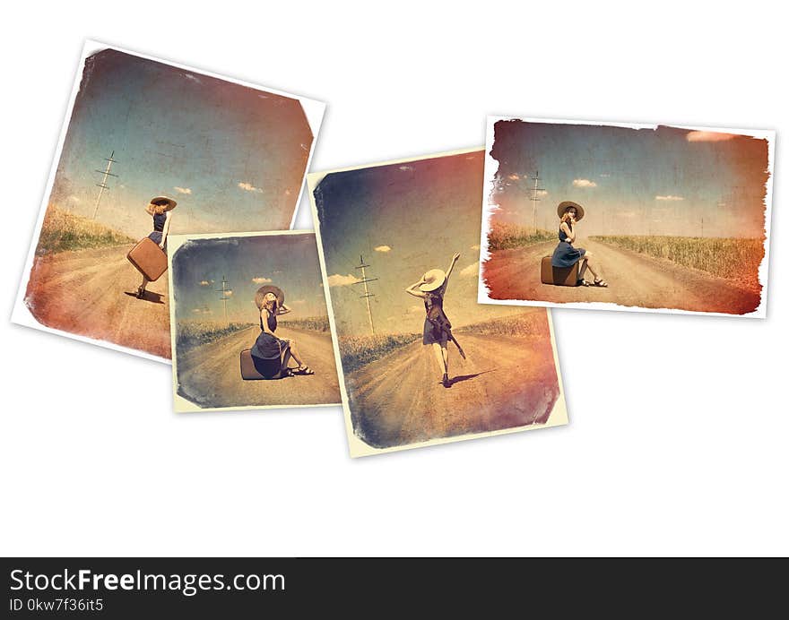 Collage of an old images of a young girl with suitcase on white background. Collage of an old images of a young girl with suitcase on white background