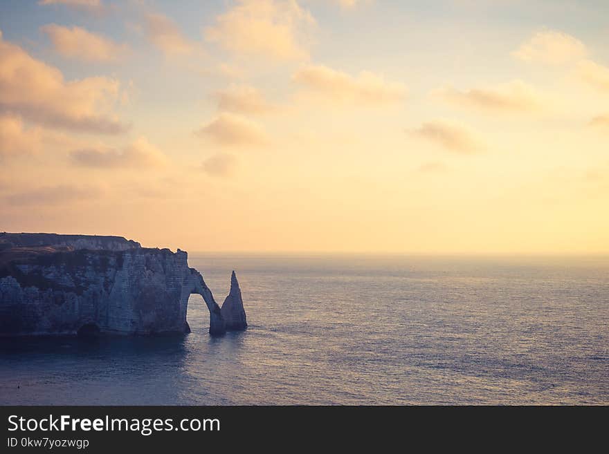 Golden hour at Etretat cliff , a commune in the Seine-Maritime department in the Normandy region of north France