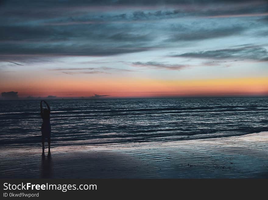 Silhouette of Person on Seashore during Golden Hour