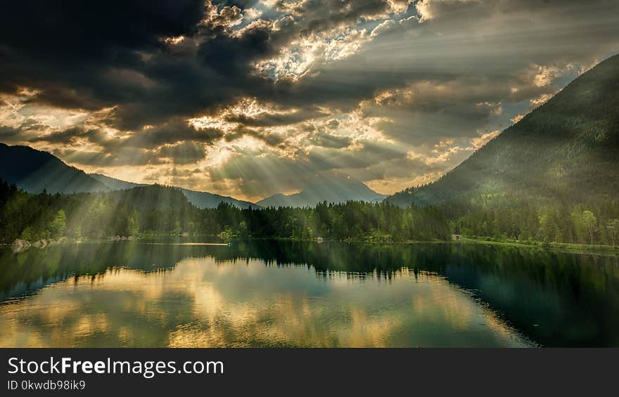 Trees Near Body Of Water Under Dark Clouds