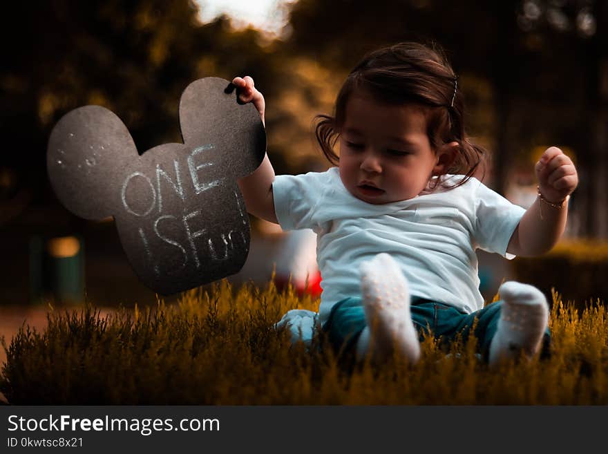 Baby Wearing Blue Shirt Holding Mickey Mouse Head Cutout Sitting on Grass