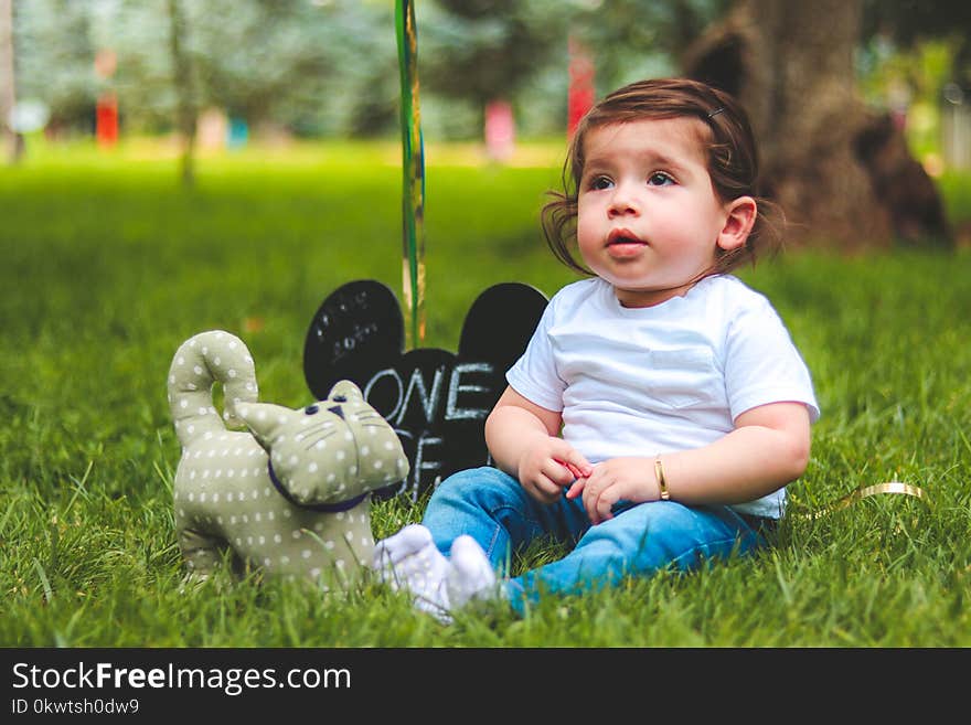 Depth of Field Photography of Baby Sitting on Green Grass