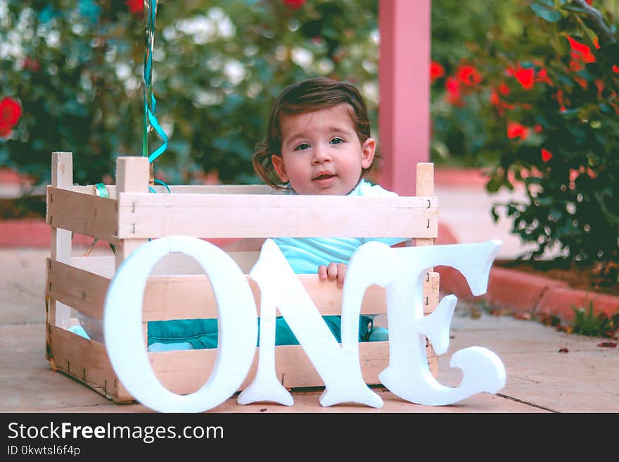 Boy Sitting on Wooden Crate Near Flowers