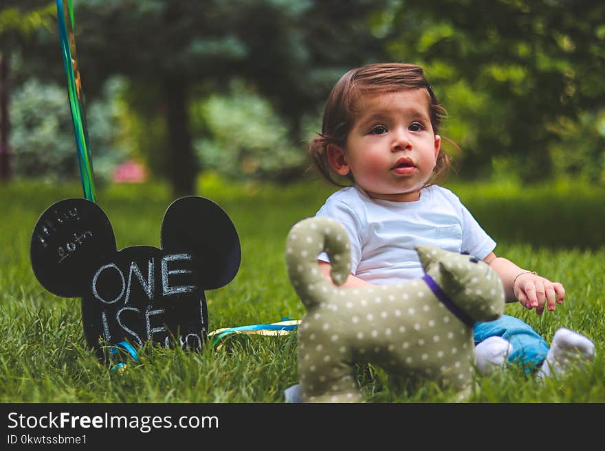 Baby Sitting on Green Grass Field