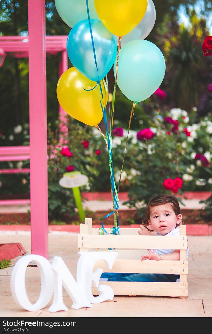 Child Wearing White Polo Shirt on Beige Wooden Crate at Daytime