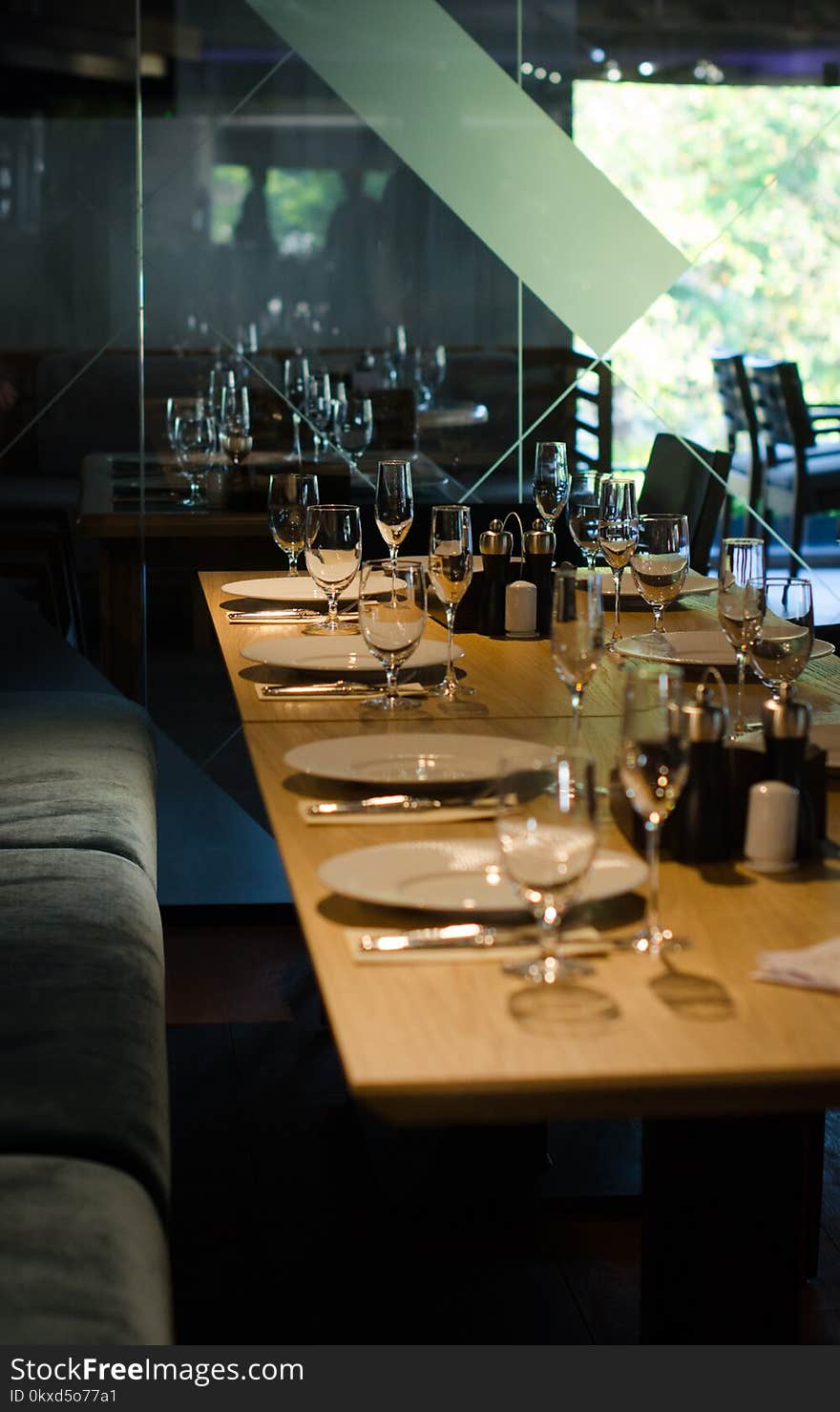 Empty glasses in restaurant, table setting