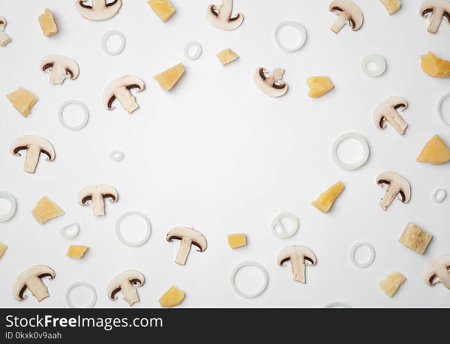 Composition with ingredients for pizza on white background