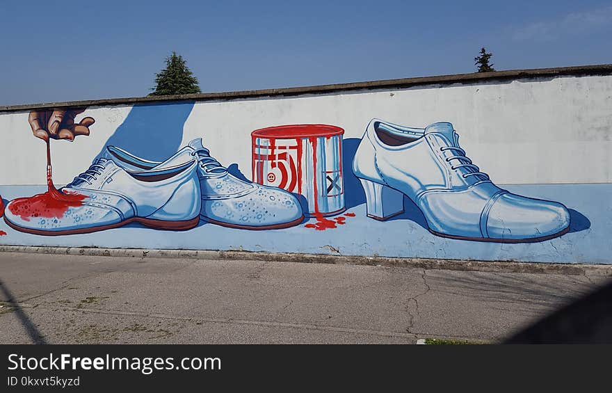 Blue, Footwear, Shoe, Graffiti