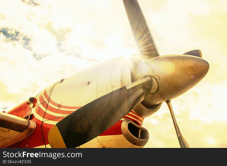 Front turbine of airplane in sunlight, close up. Front turbine of airplane in sunlight, close up