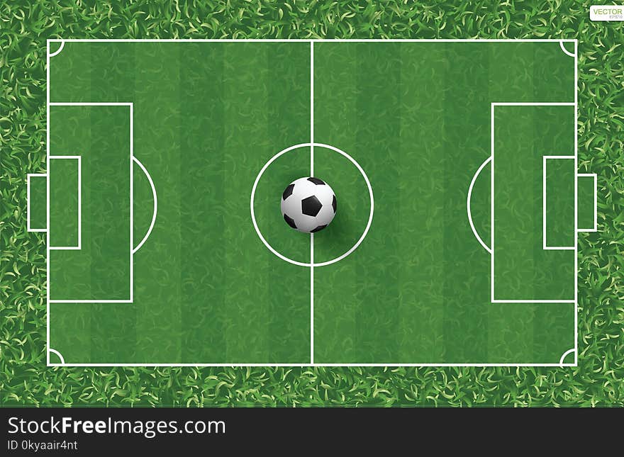 Soccer football ball on green grass of soccer field background. Vector illustration.