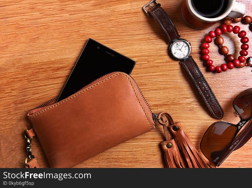 Brown Leather Zip Wristlet