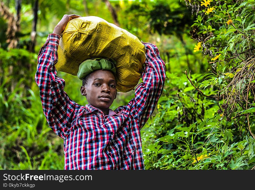 Person Wearing Plaid Shirt Carrying Sack Near Plants