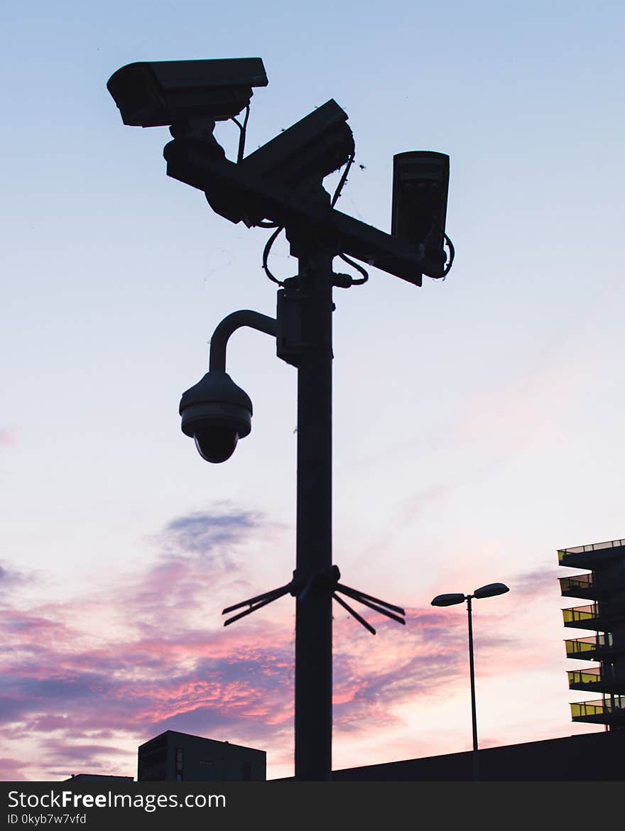 Black Lamp Post with Mounted Cameras