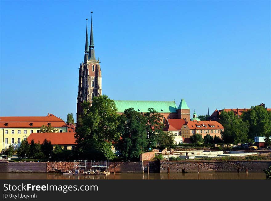 City, Waterway, Sky, Spire