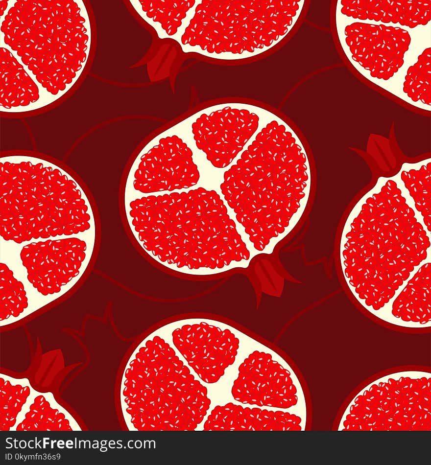 Pomegranate pattern seamless. Red fresh juicy fruit background.