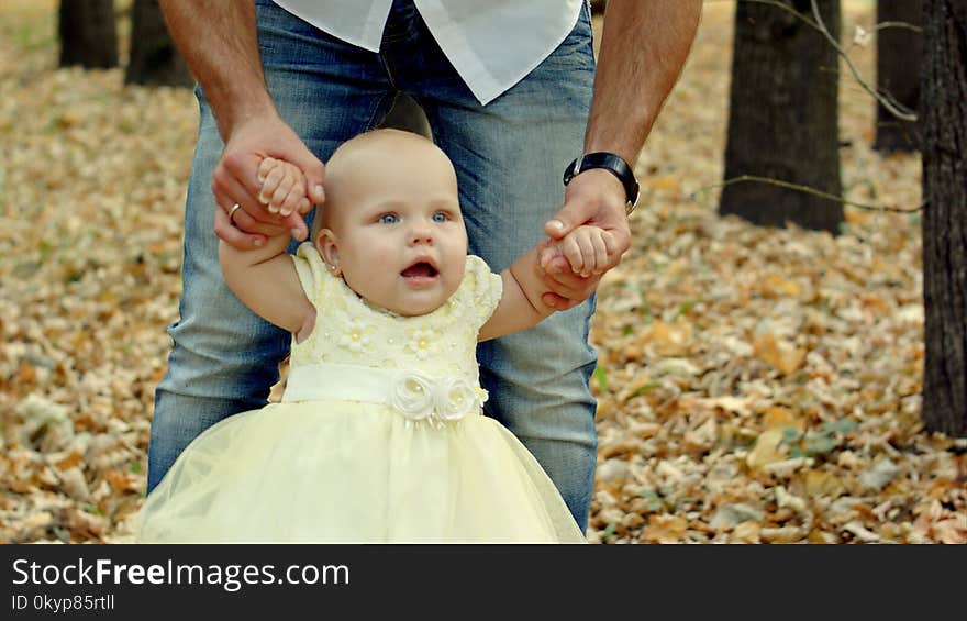 Young father for a walk in a autumn park with baby